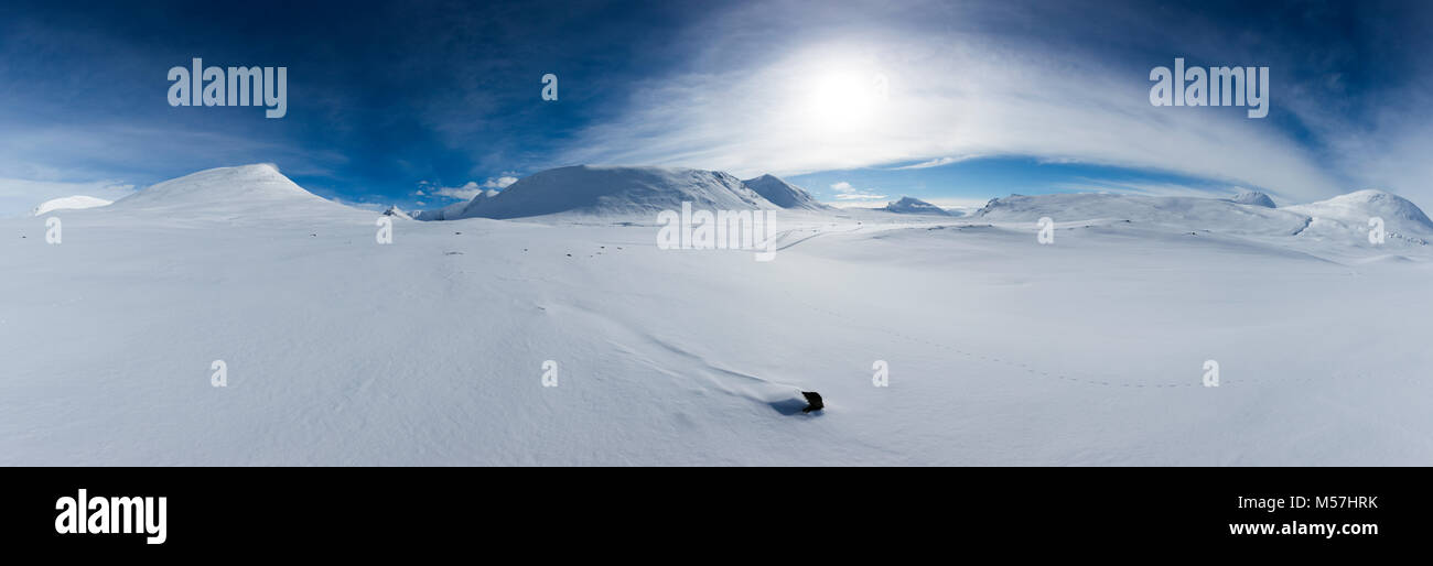 Mountain landscape and mountains in the snow,Tjäktja Pass,Kungsleden or king's trail,Province of Lapland,Sweden Stock Photo