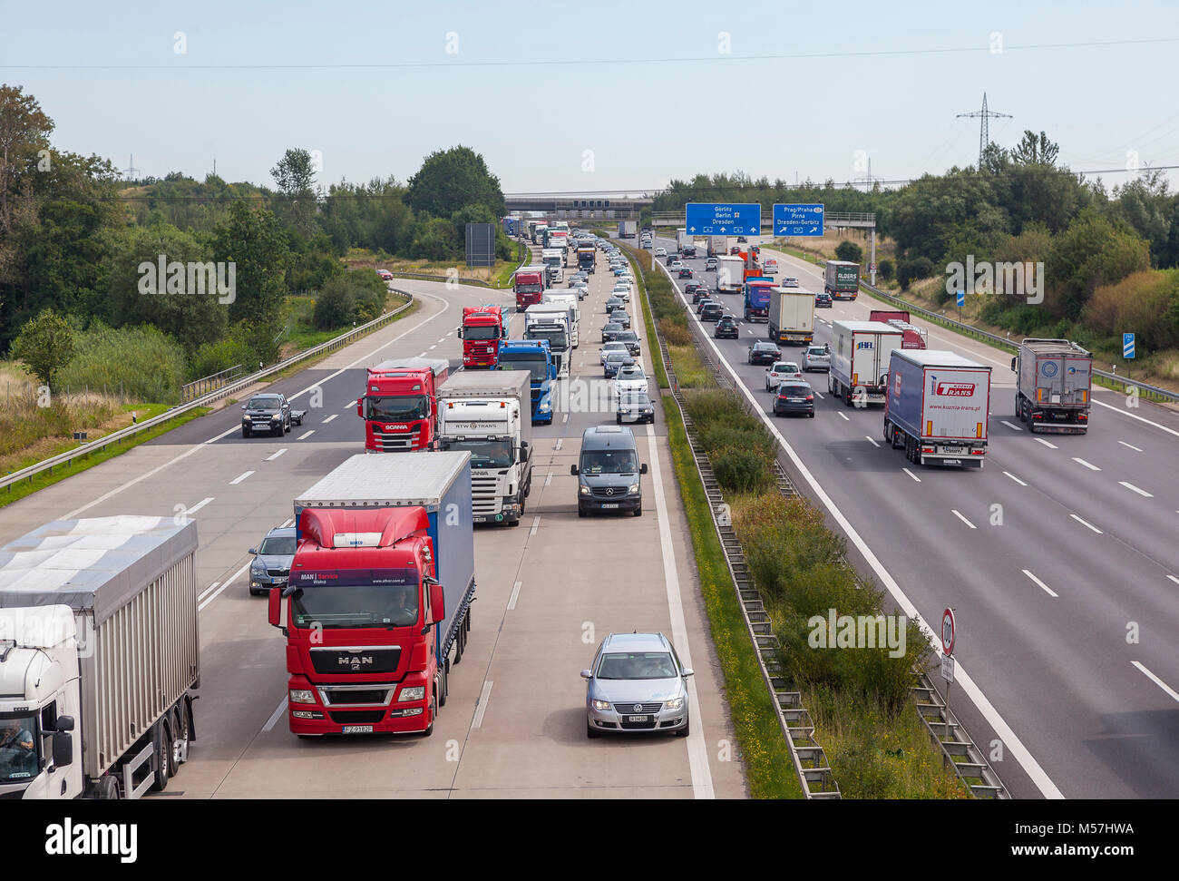 Lorries in traffic jam on the A4 at the Dresden West triangle,Saxony,Germany Stock Photo