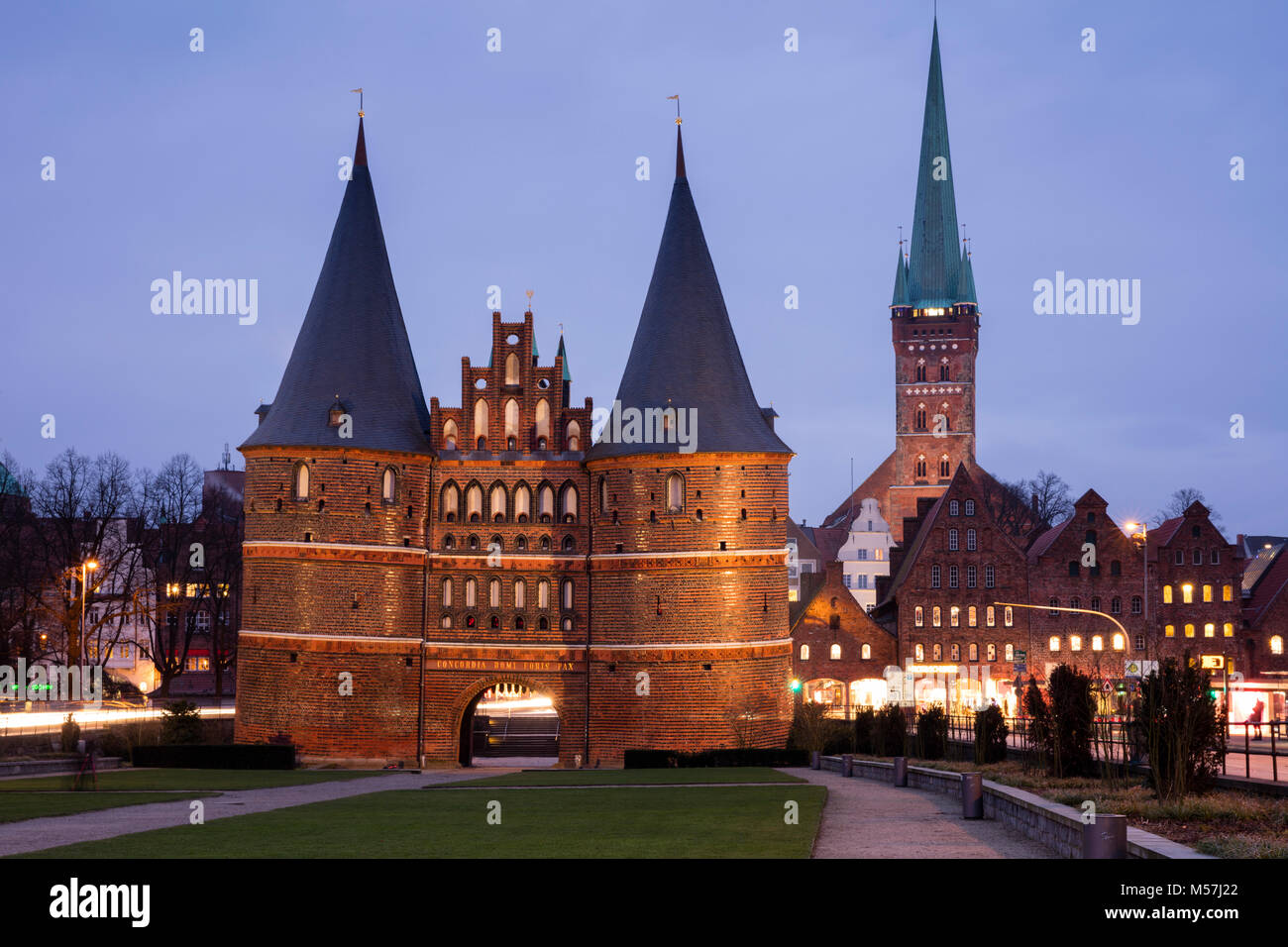 Holstentor,Salzspeicher,church St. Petri,Hanseatic City of Lübeck,Schleswig-Holstein,Germany Stock Photo