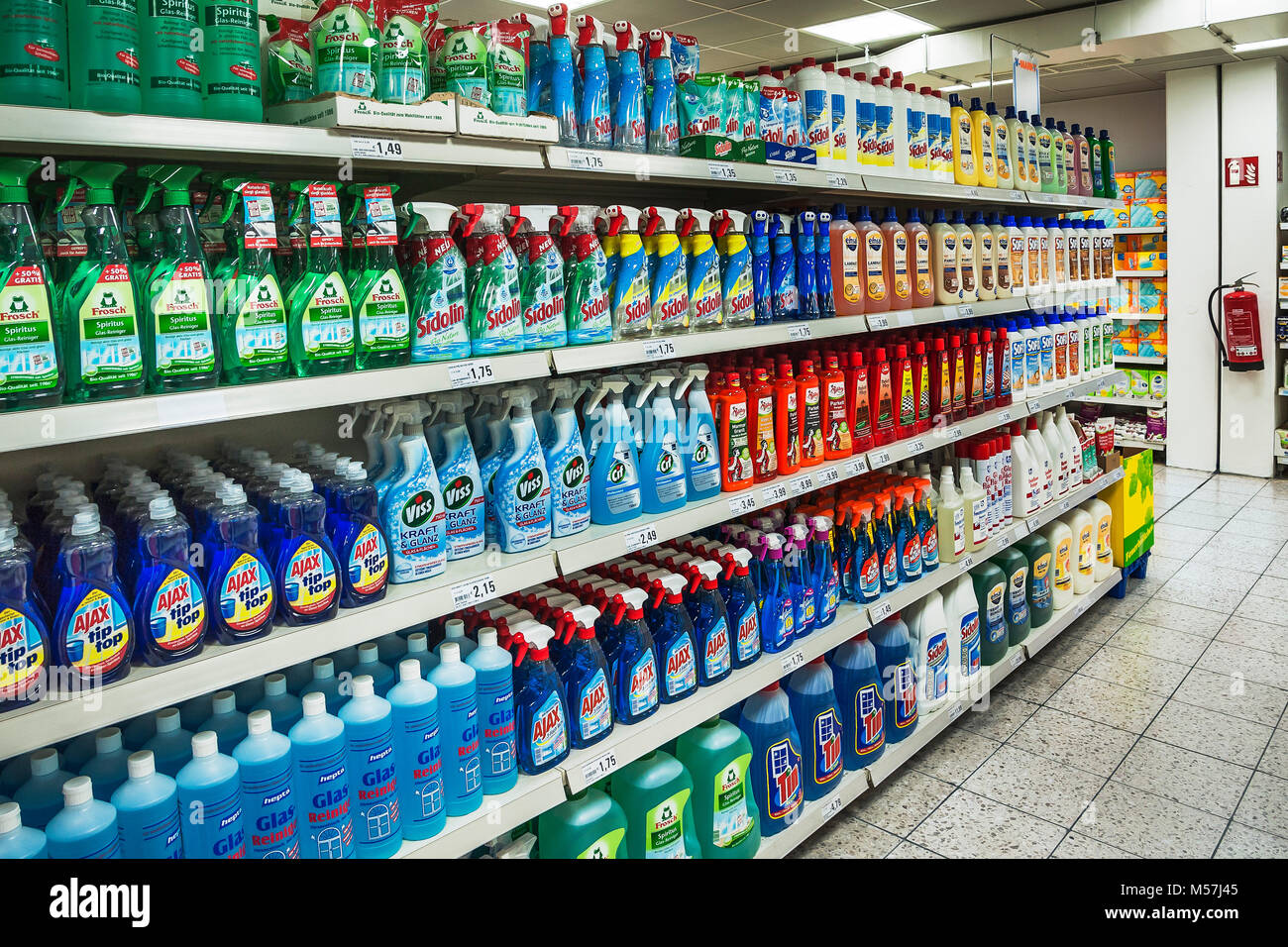 Shelf with cleaning materials in a supermarket,Germany Stock Photo