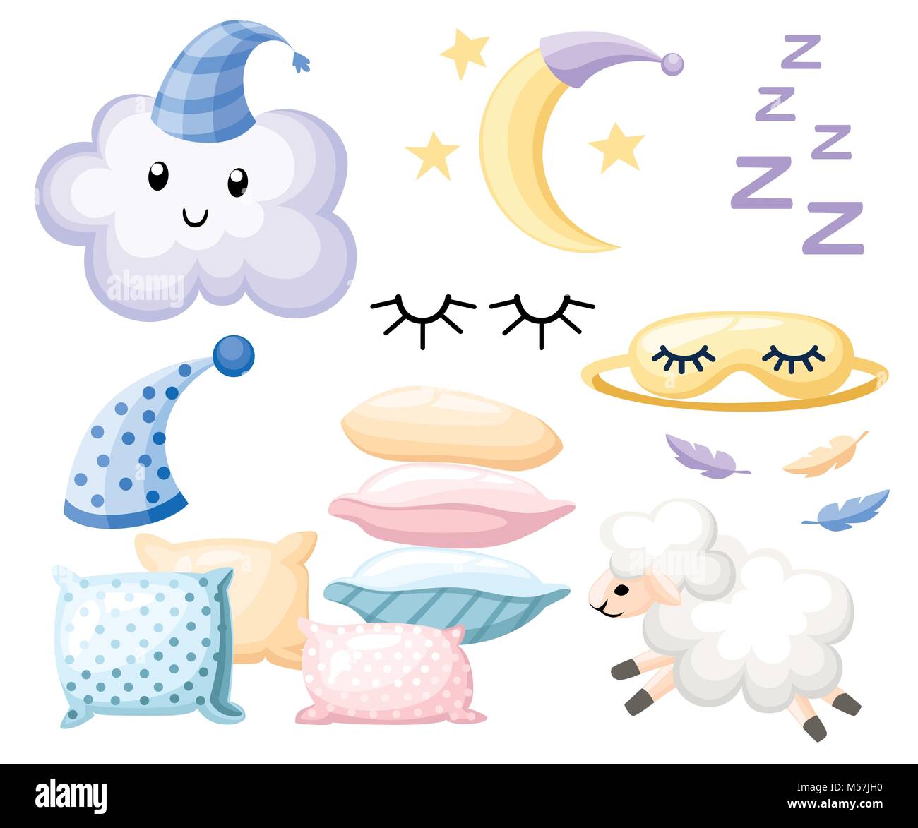 Set of objects for sleep cap for dream pillow different colors lamb cloud moon bandage for eyes on white background vector illustration web site page  Stock Vector