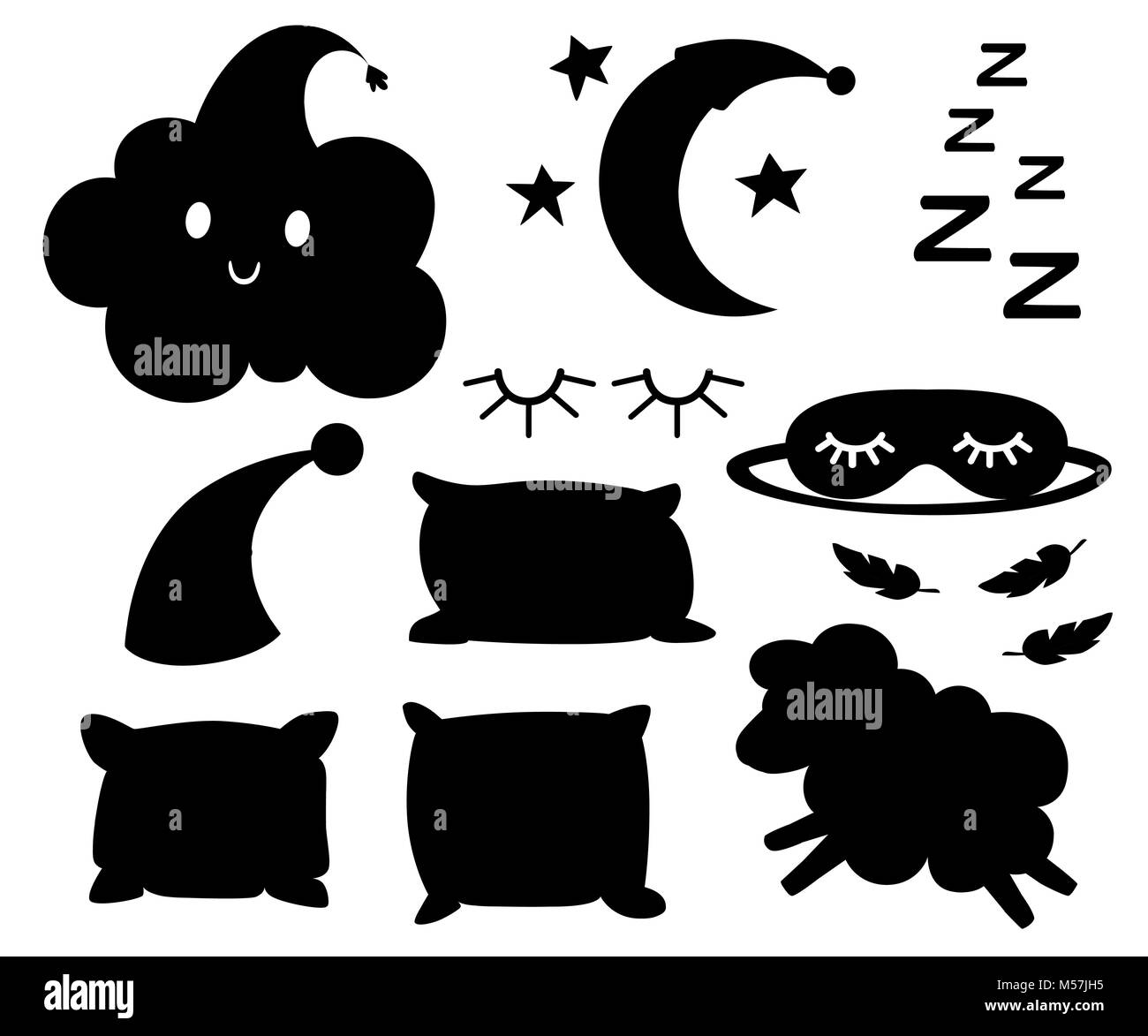 Set of black silhouettes objects for sleep cap for dream pillow different colors lamb cloud moon bandage for eyes on white background vector illustrat Stock Vector