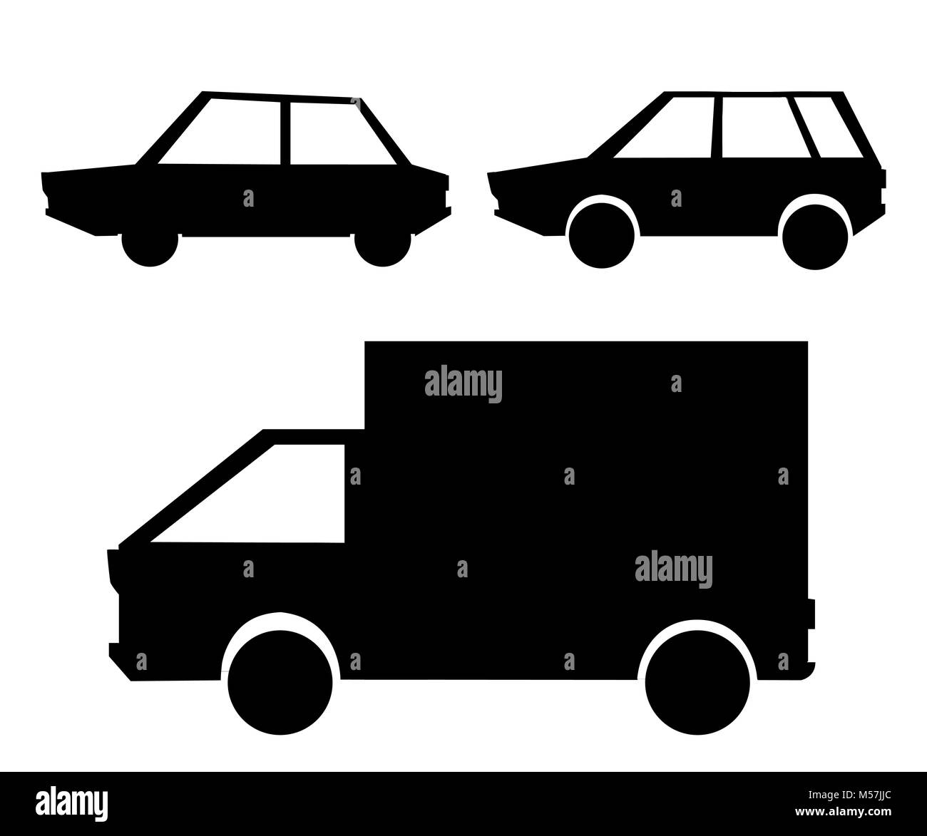Set of black silhouettes passenger cars and truck vehicles concept logo on white background vector illustration web site page and mobile app design. Stock Vector