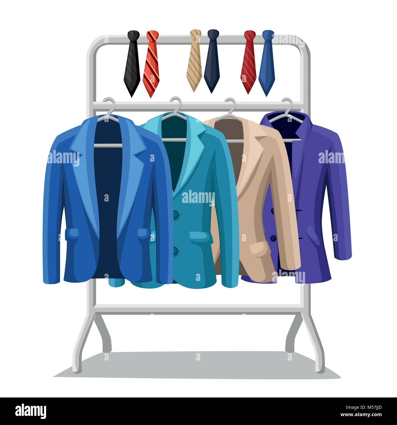 Business suit mens jacket four jackets of different colors and types blue green violet beige ties of different colors on a hanger vector illustration  Stock Vector