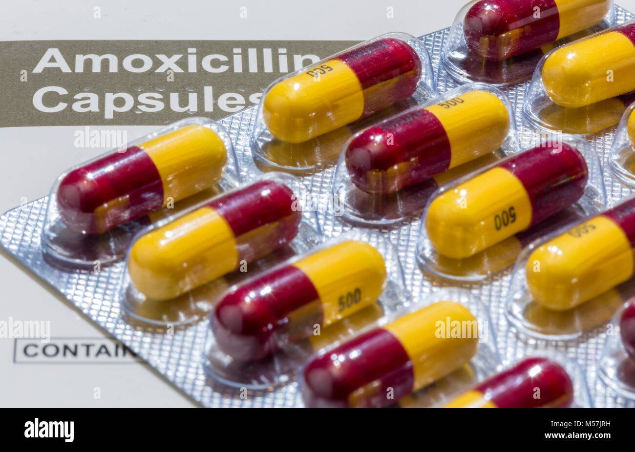 Amoxicillin capsules, antibiotics pills. Stock Photo