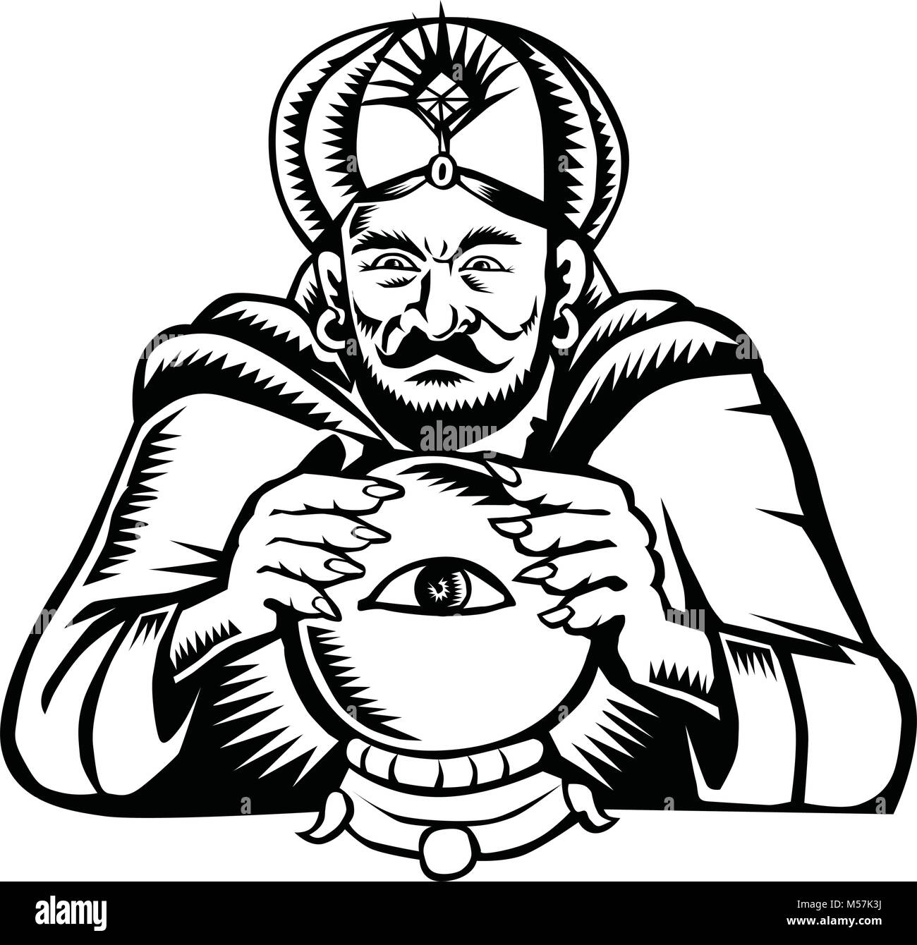Retro woodcut style illustration of a fortune teller or crystal gazer with hands on crystal ball with eye viewed from front done in black and white. Stock Vector