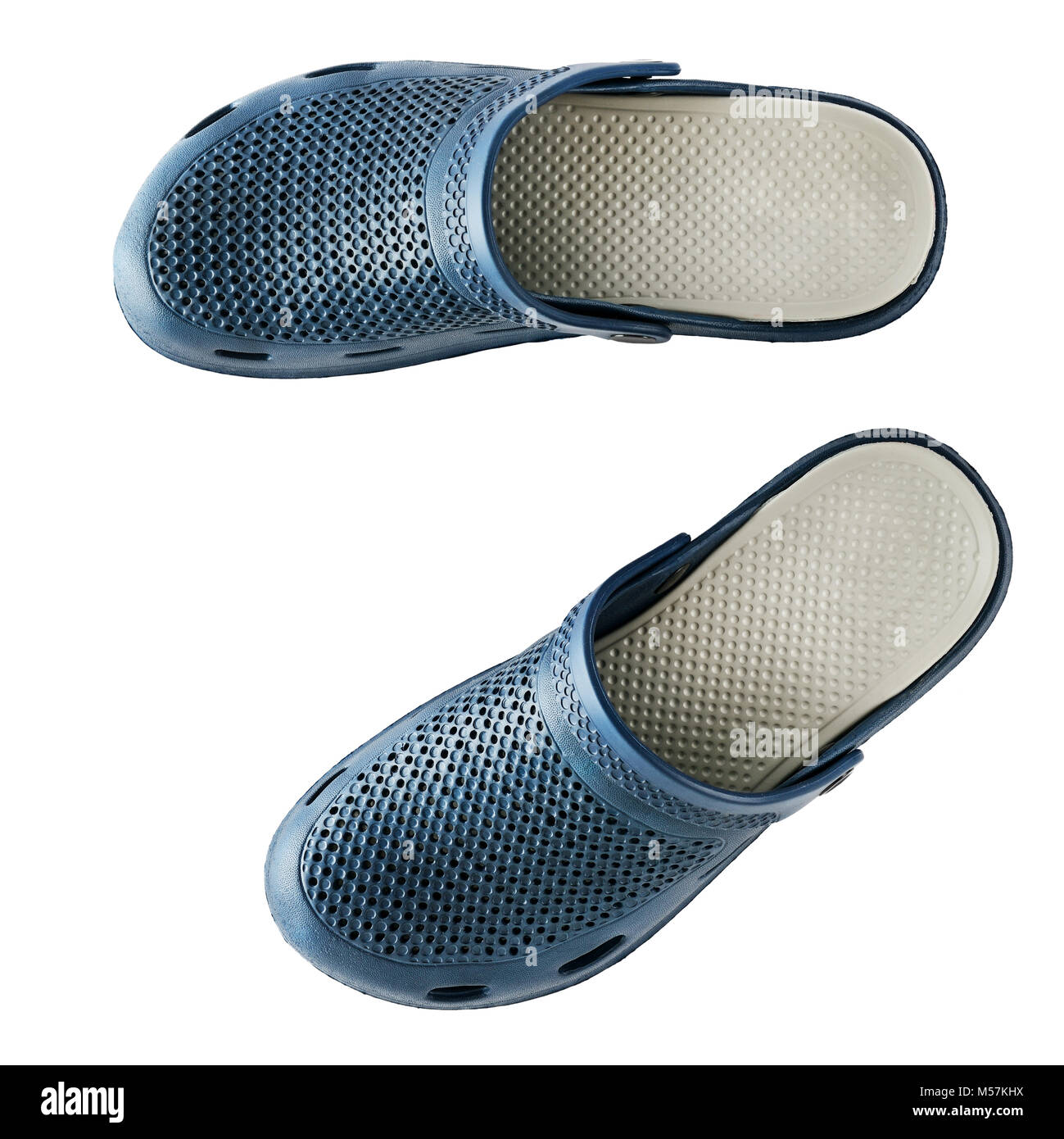 Rubber blue slippers isolated on white background. Top view. Stock Photo