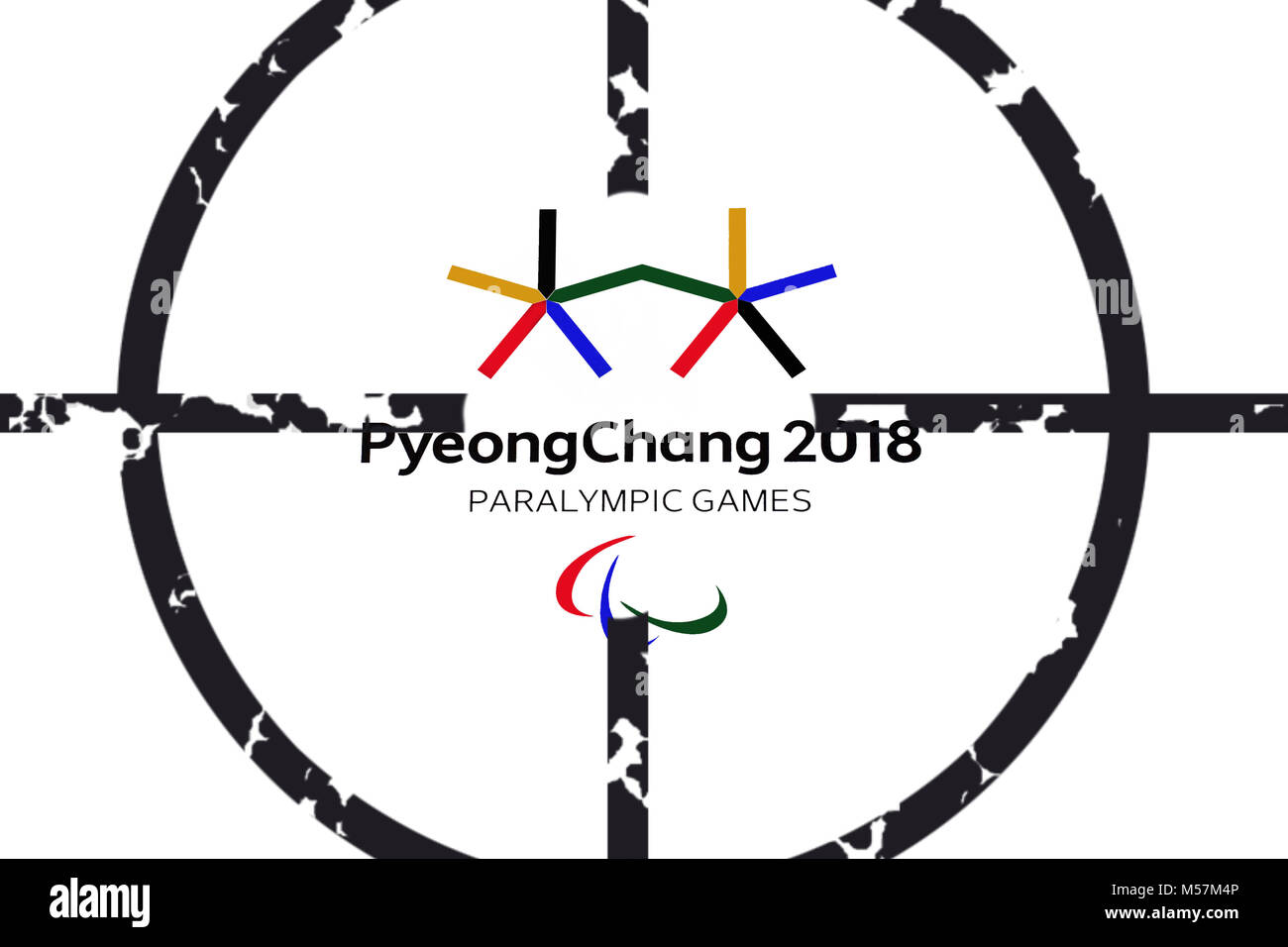 14 December 2017 Moscow, Russia Symbols XII Winter Paralympic Games in Pyeongchang, Republic of Korea in the optical sight Stock Photo