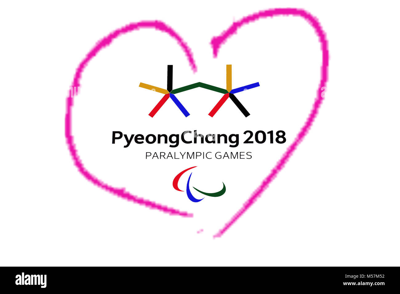 14 December 2017 Moscow, Russia Symbols XII Winter Paralympic Games in Pyeongchang, Republic of Korea in the pink heart heart Stock Photo