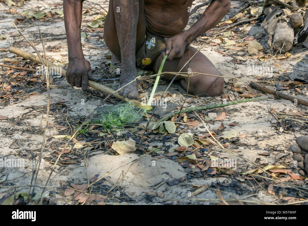 Members of the San Tribe using traditional methods to make the string of a bow. Stock Photo