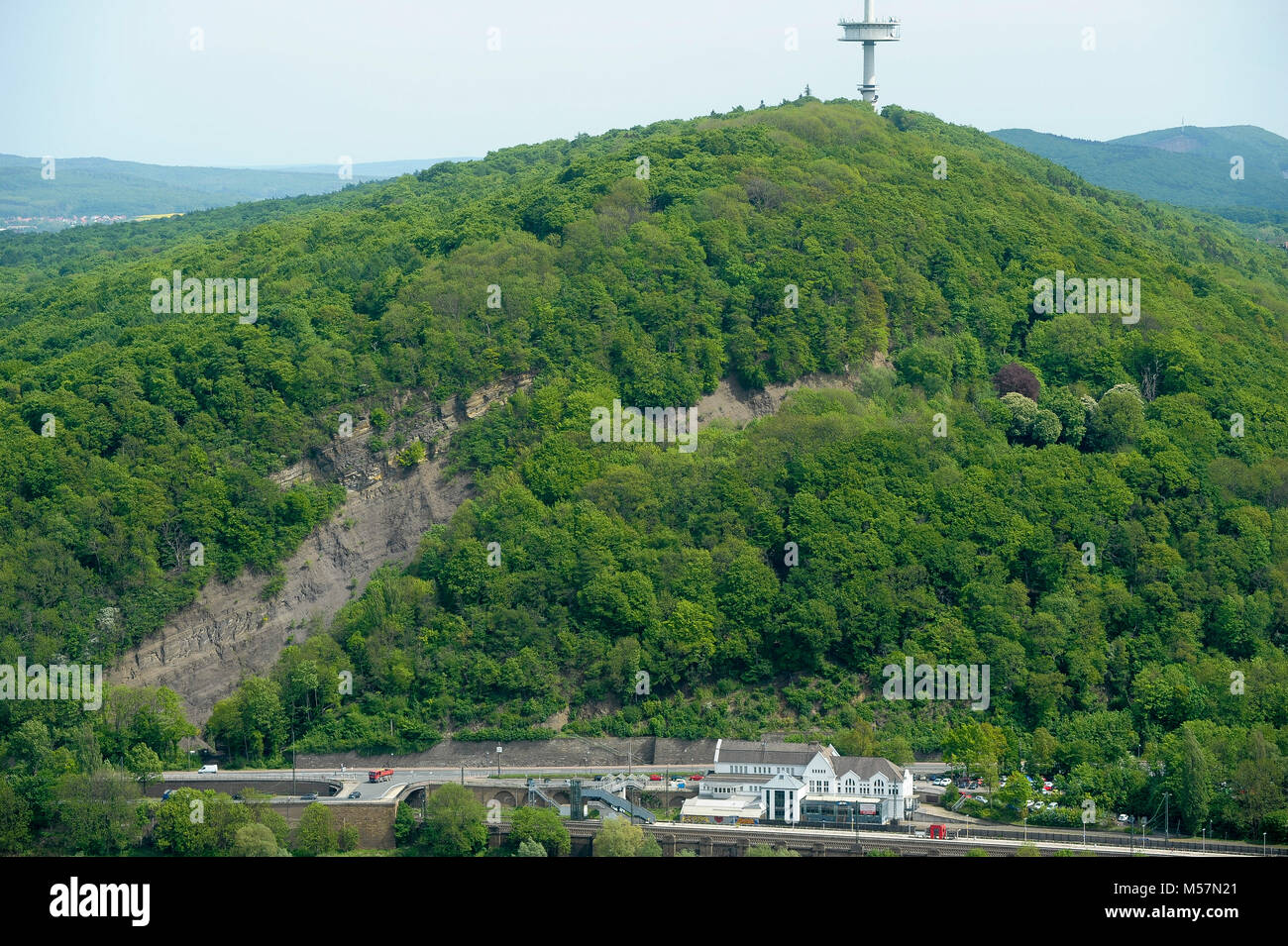 Two secret Nazi German underground structures inside and 142 m Jakobsberg Telecommunication Tower on the top of Jakobsberg in Porta Westfalica, North  Stock Photo