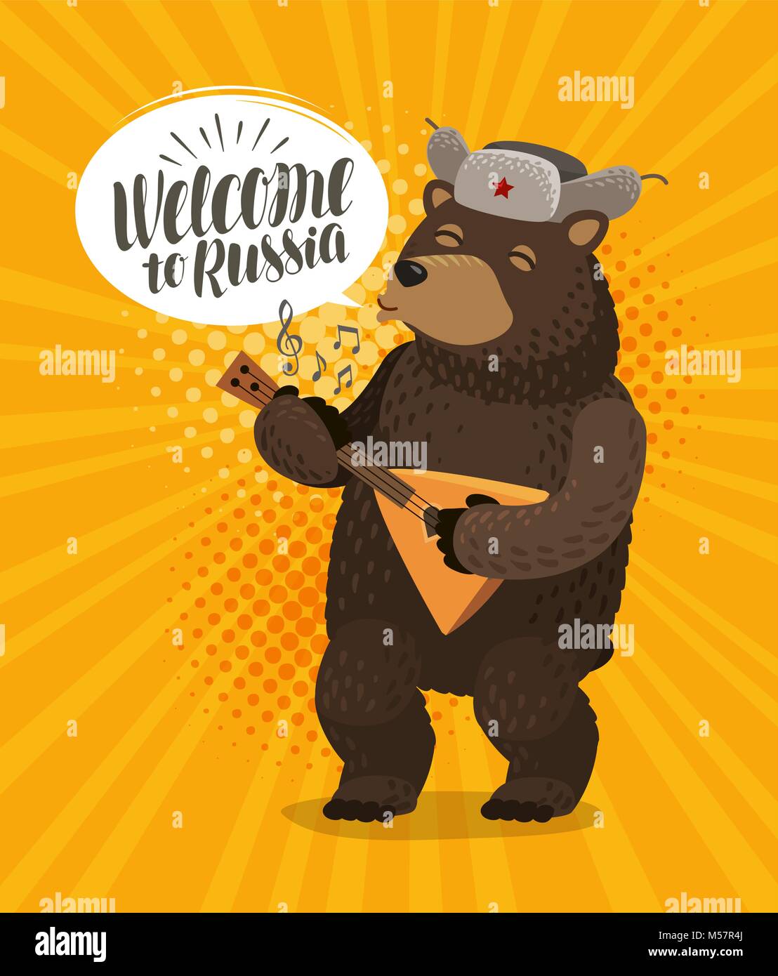 Welcome to Russia, banner. Happy russian bear plays on balalaika. Cartoon vector illustration Stock Vector