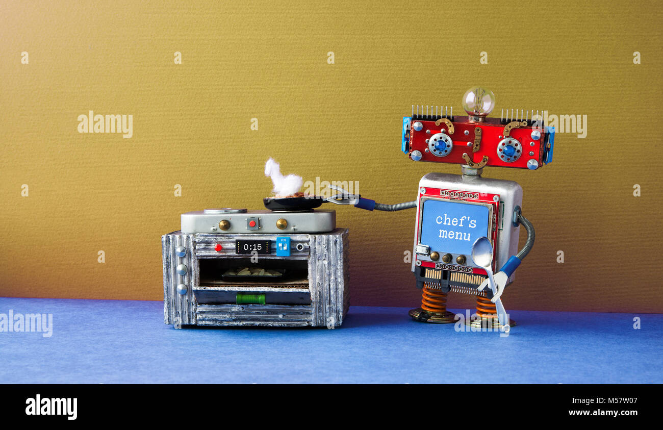 Robot chef preparing meal frying pan, electronic stove oven. Creative design toys, automation