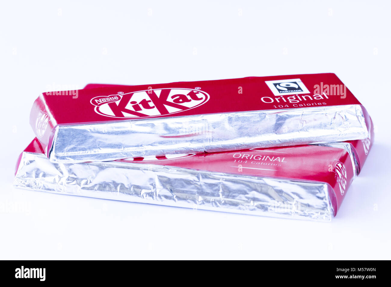 Close up of three Kit Kat chocolate biscuit bars from a multipack sold