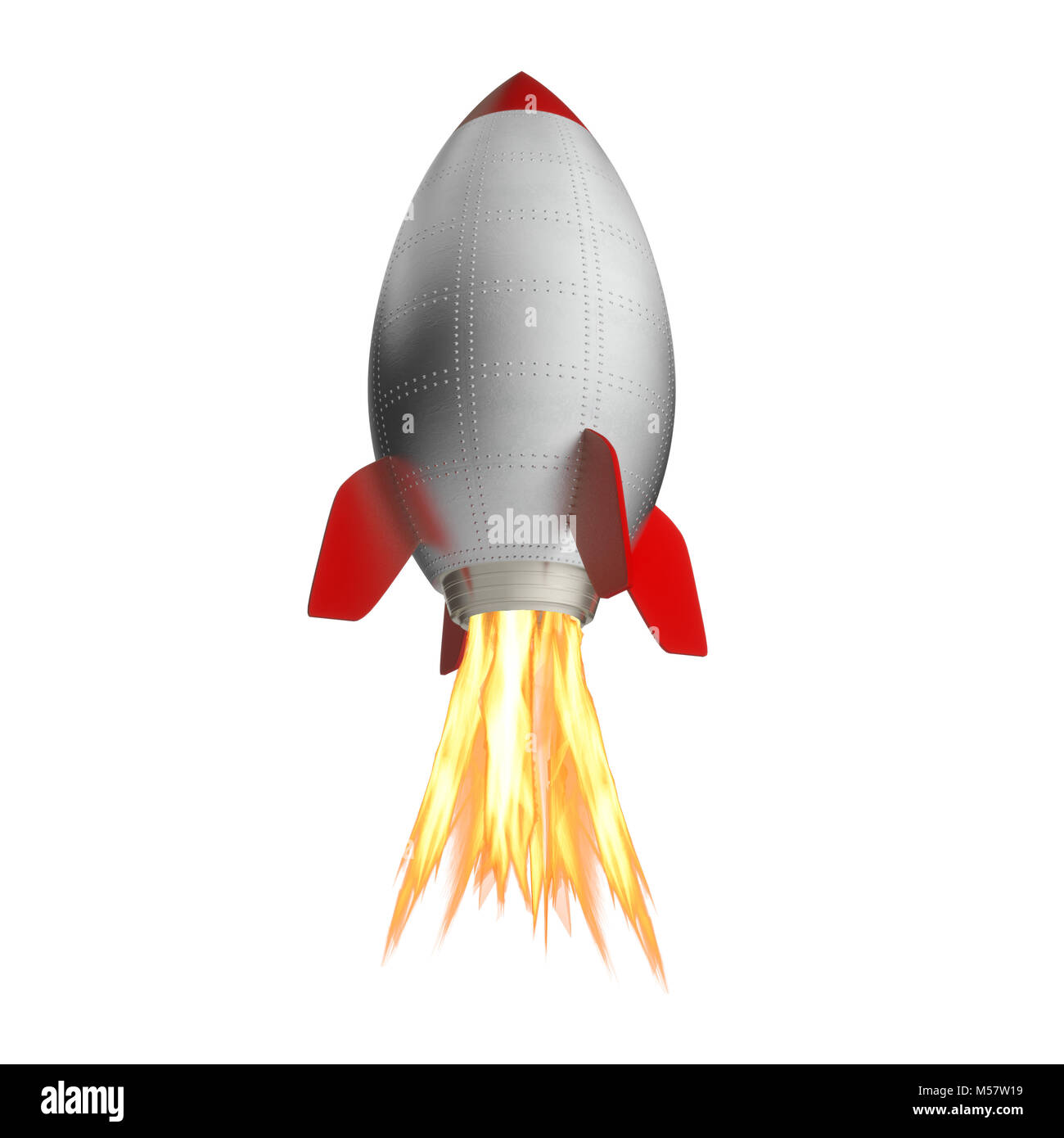 steel rocket with flame isolated on white background 3d rendering image Stock Photo