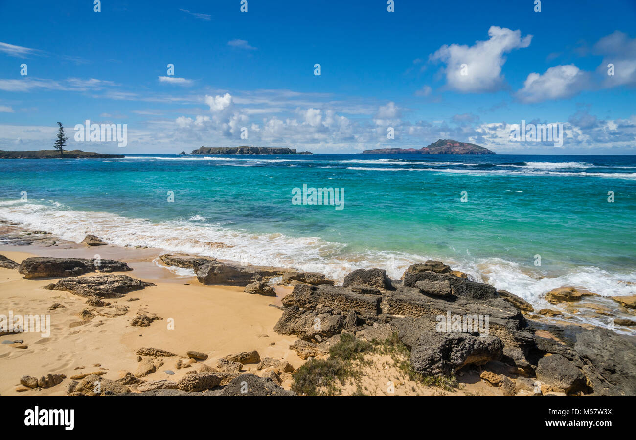 Norfolk Island, Australian external territory, view of Nepean and Phillip islands and Point Hunter from Slaughter Bay Stock Photo