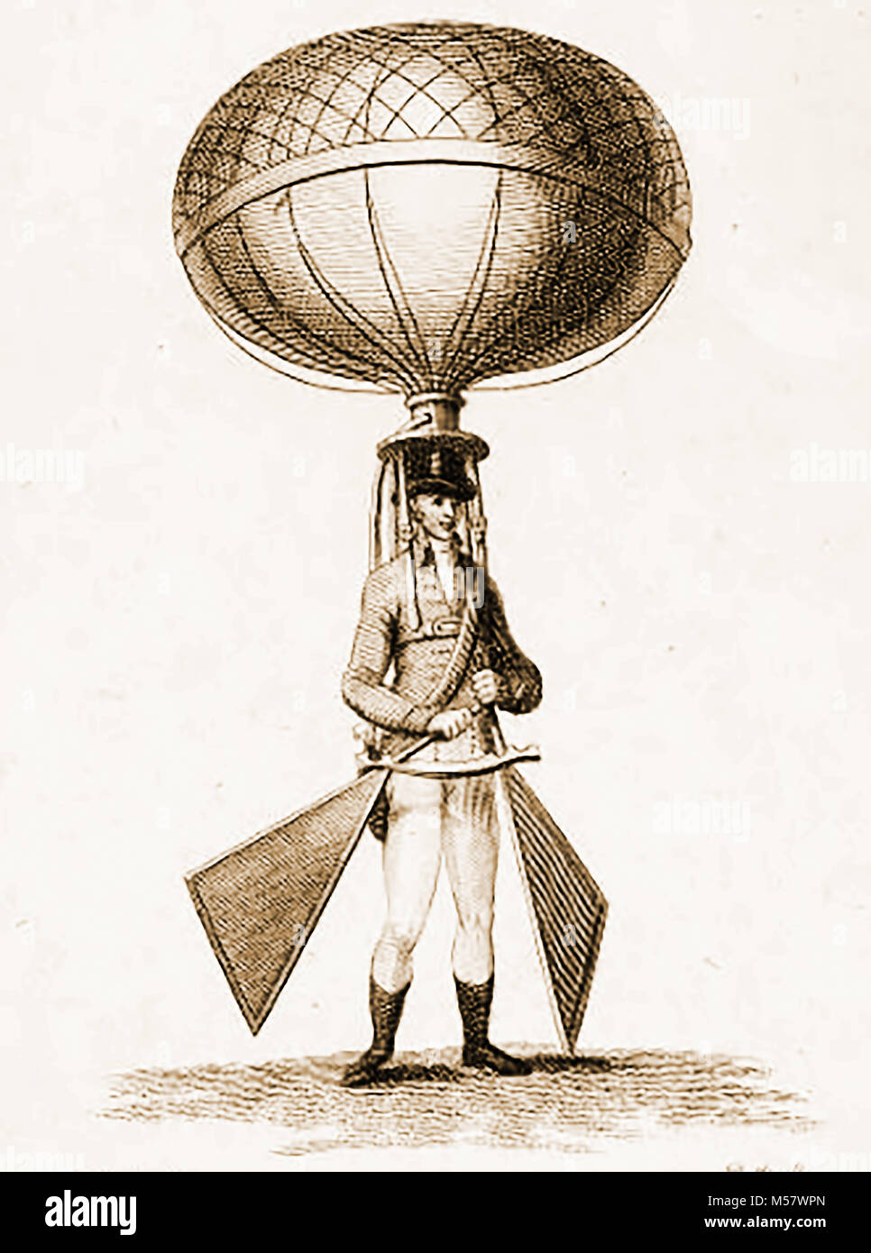 historic aeronautics, balloons and flying machines - An early idea for 'Walking in the Air' using a  1786 Balloon Stock Photo