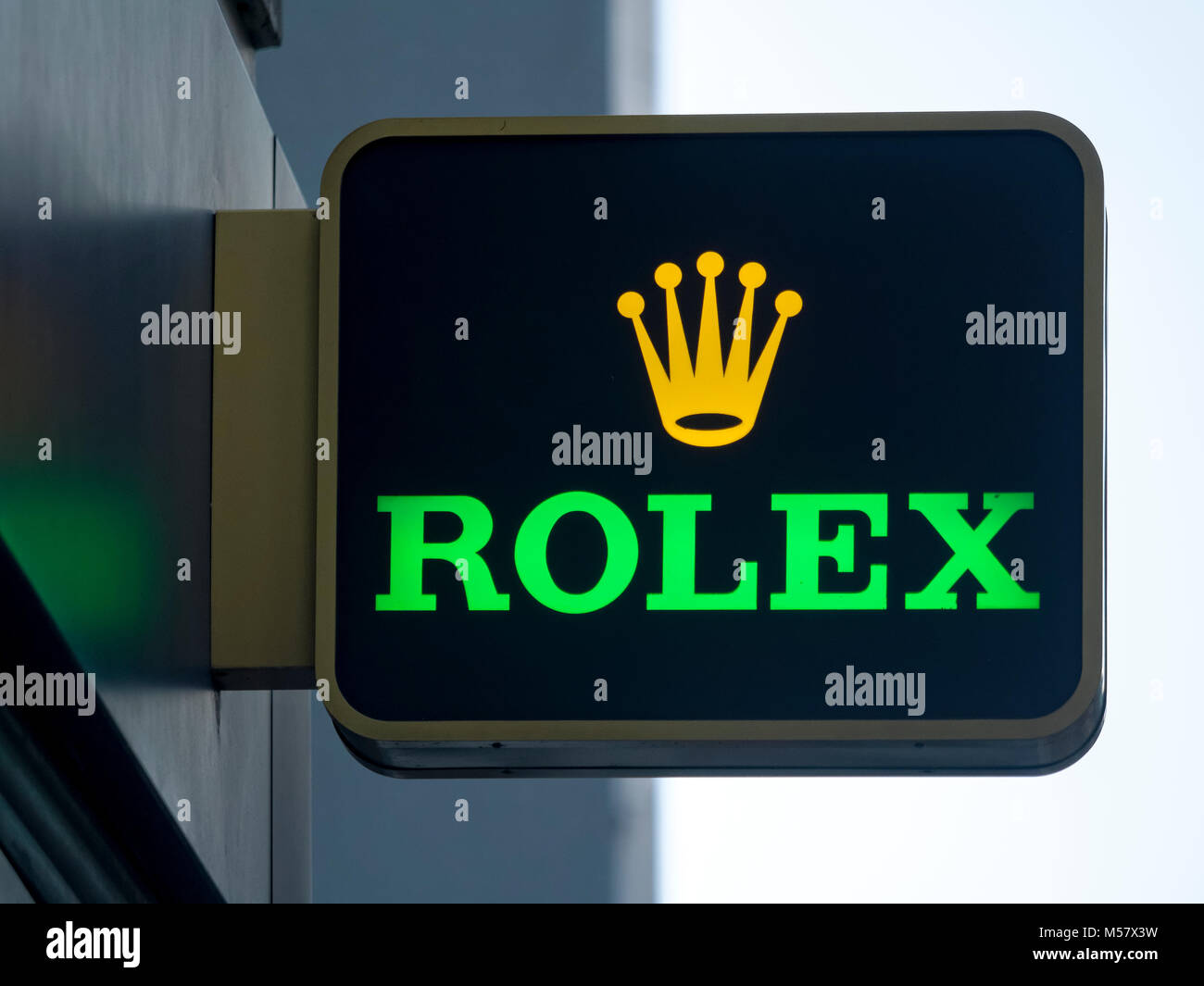 Rolex sign outside jewellers, Rolex is a luxury watchmaker founded in 1955 by Hans Wilsdorf and Alfred Davis. Stock Photo