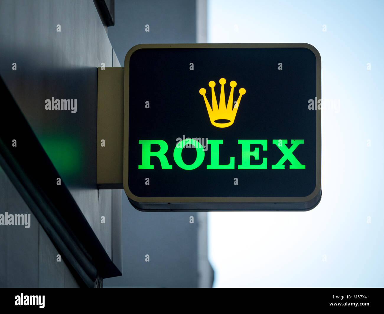 Rolex sign outside jewellers, Rolex is a luxury watchmaker founded in 1955 by Hans Wilsdorf and Alfred Davis. Stock Photo