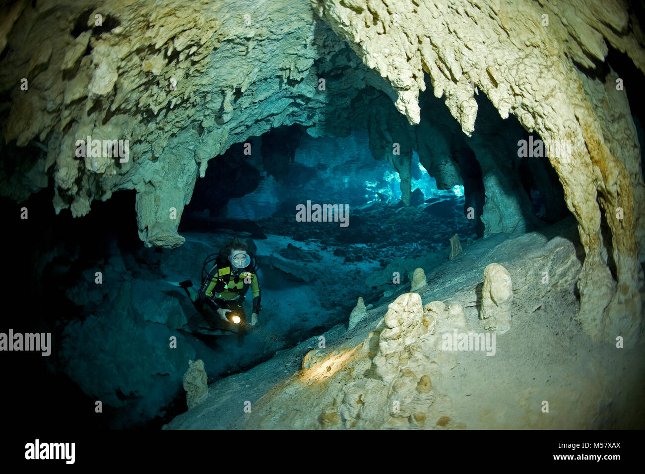 Cave diver inside the cenote Grand Cenote, Cenotes, Tulum, Yucatan, Quintana Roo, Mexico, Caribbean Stock Photo