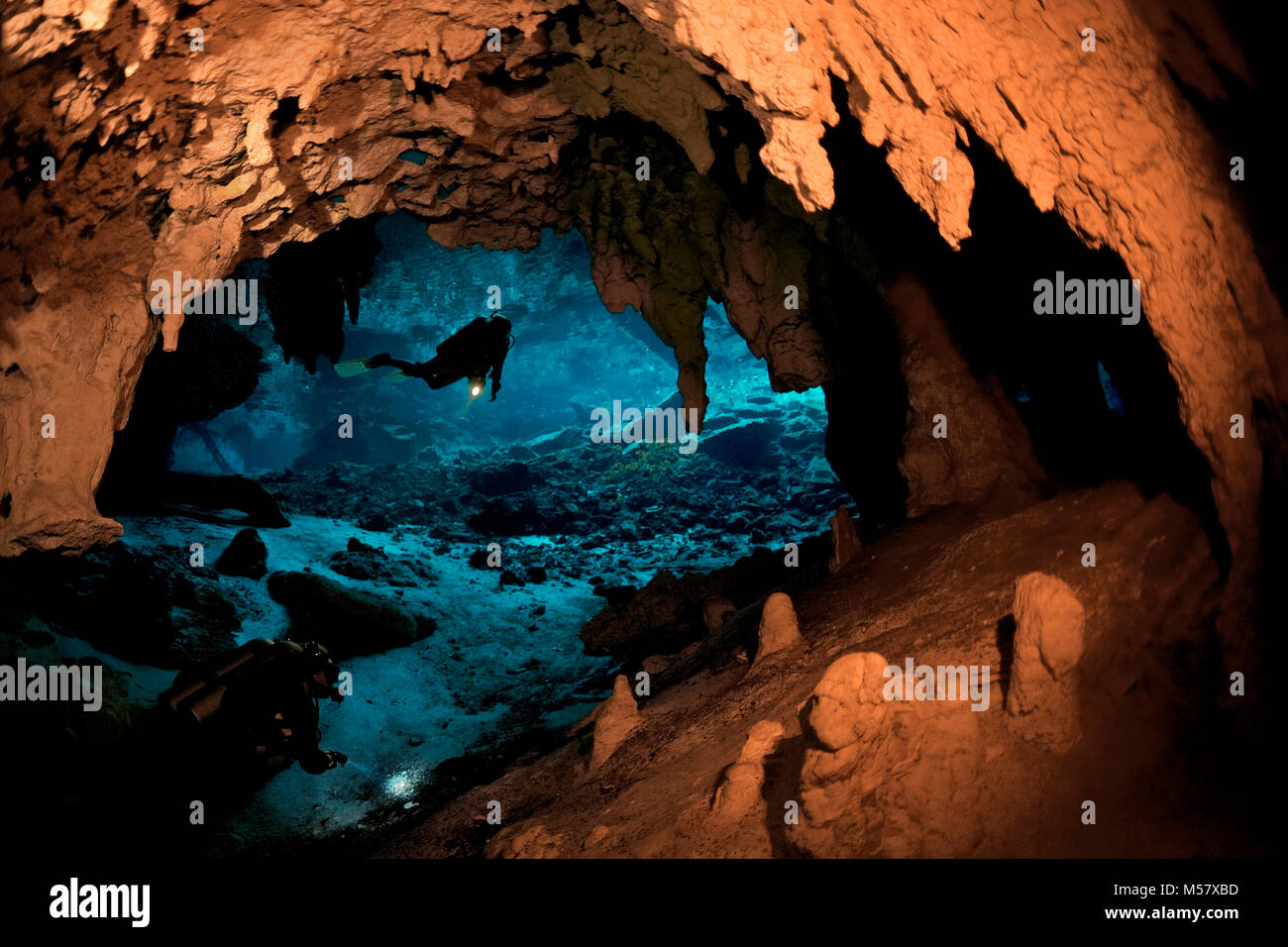 Cave diver inside the cenote Grand Cenote, Cenotes, Tulum, Yucatan, Quintana Roo, Mexico, Caribbean Stock Photo