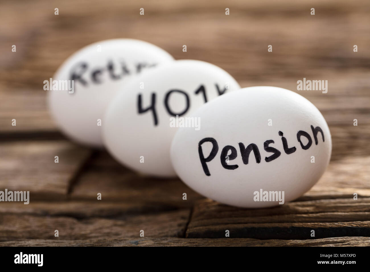 Closeup of pension  401K and retire written on white eggs Stock Photo