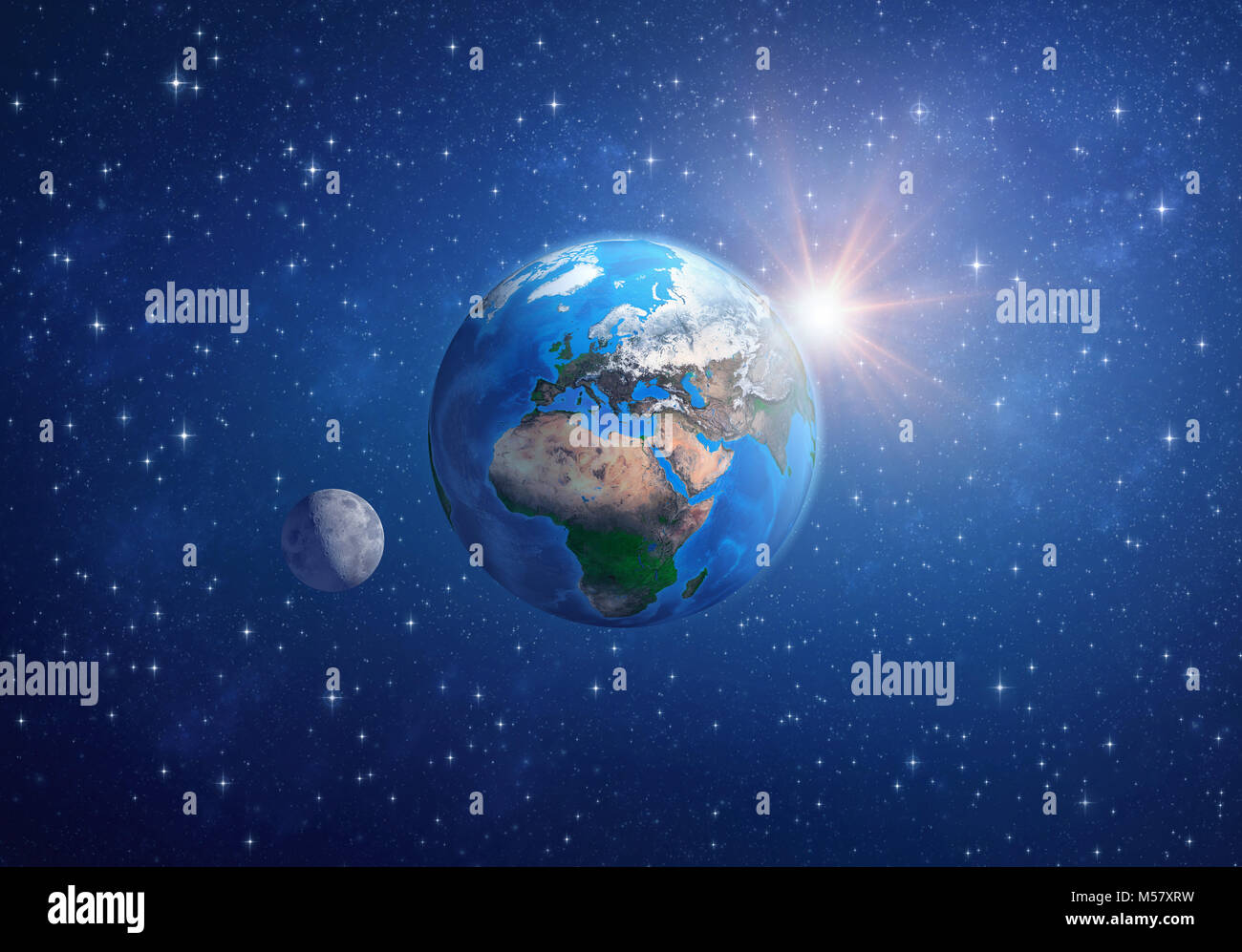 Planet Earth in deep space, focused on Europe, Africa and Asia, with the moon and the sun. 3D illustration - Elements of this image furnished by NASA. Stock Photo