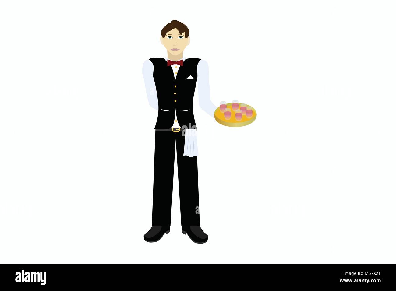 Illustration of waiter in classical uniform with drinks on salver, vector of young smart steward with cocktails on tray, artwork of barkeeper serving Stock Vector