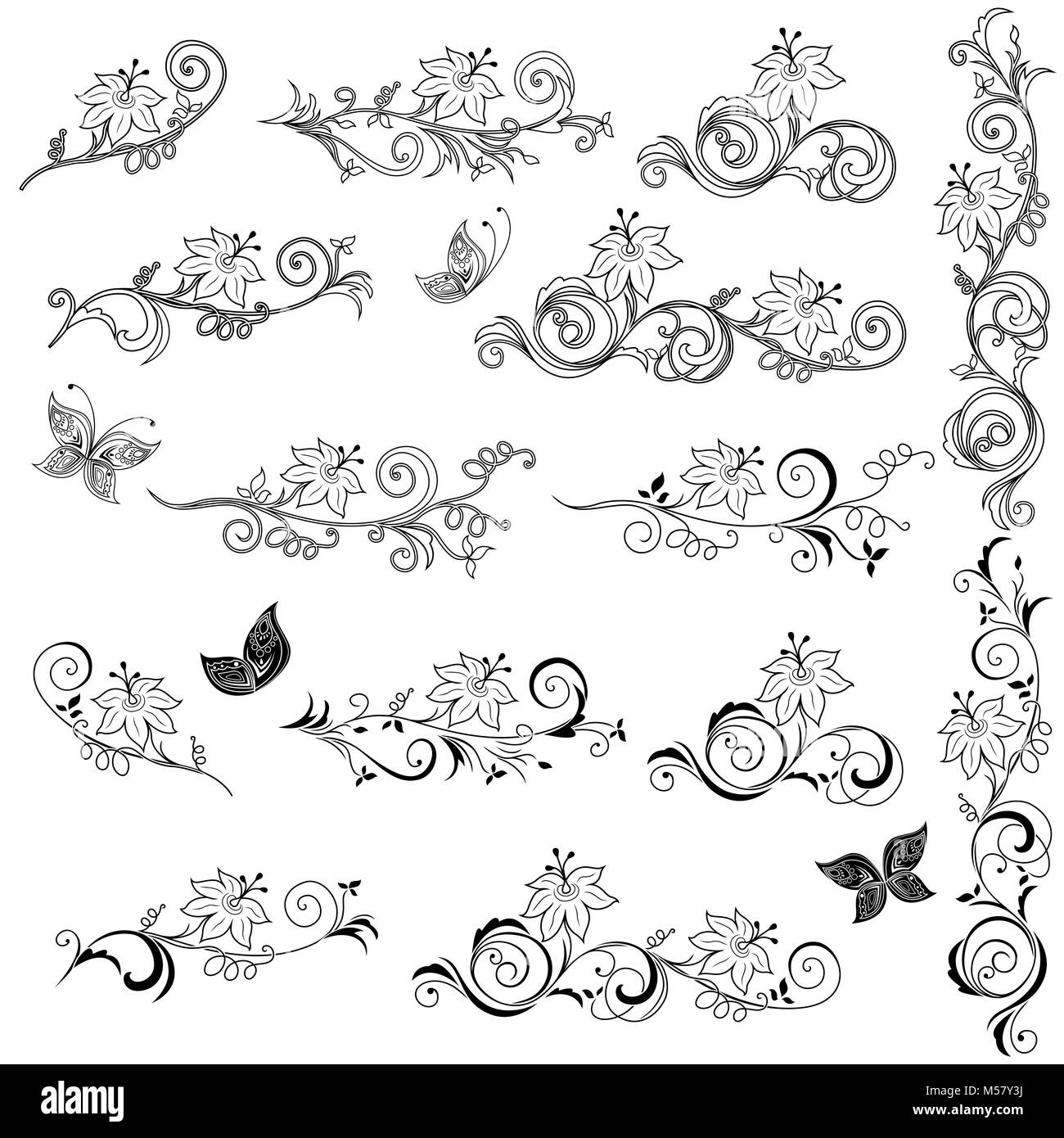 Set of ornamental design elements with leaves, flowers and butterflies, vector illustration Stock Vector