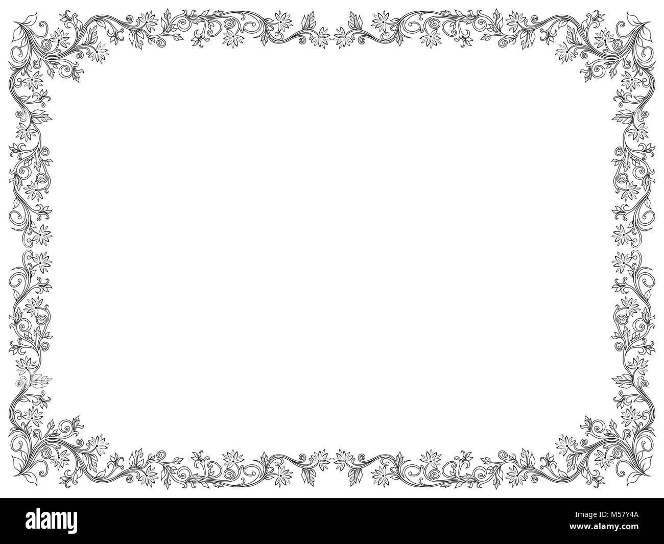 Ornamental floral frame with leaves and flowers isolated on the white background, vector illustration Stock Vector