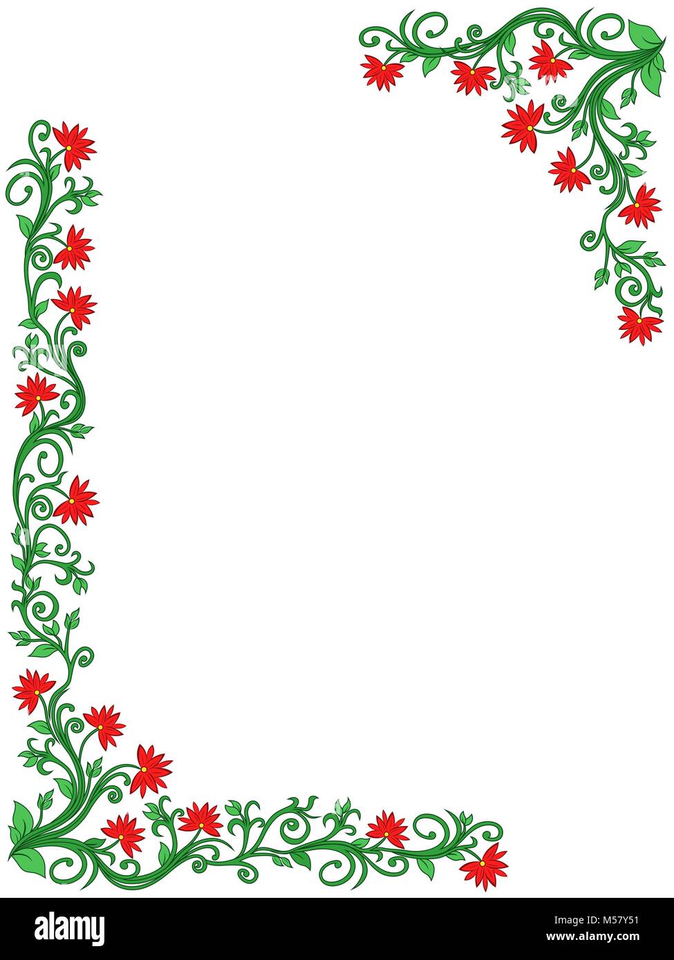 Ornamental vertical floral frame with leaves and flowers in green and