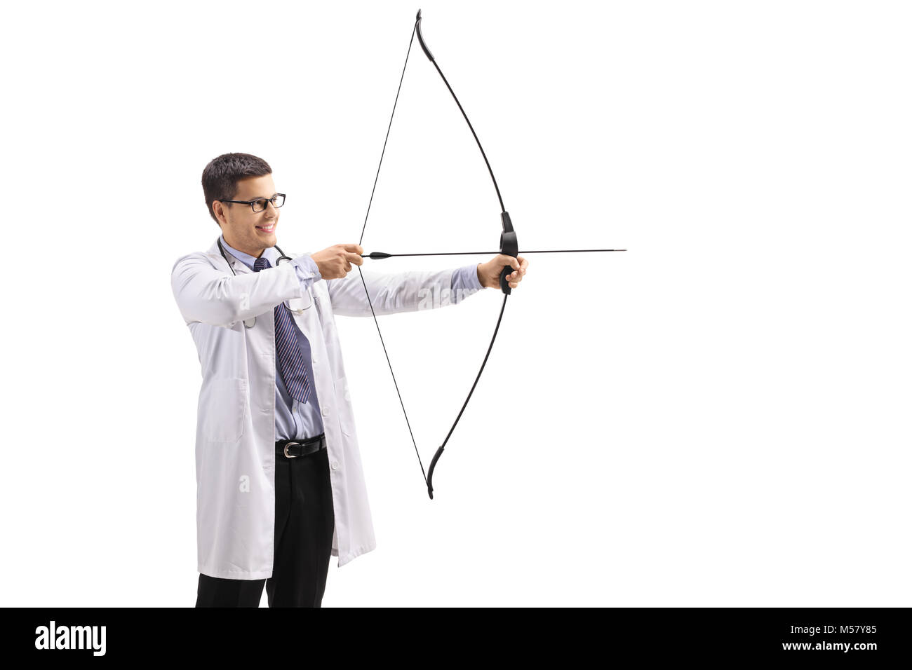 Doctor aiming with a bow and arrow isolated on white background Stock Photo