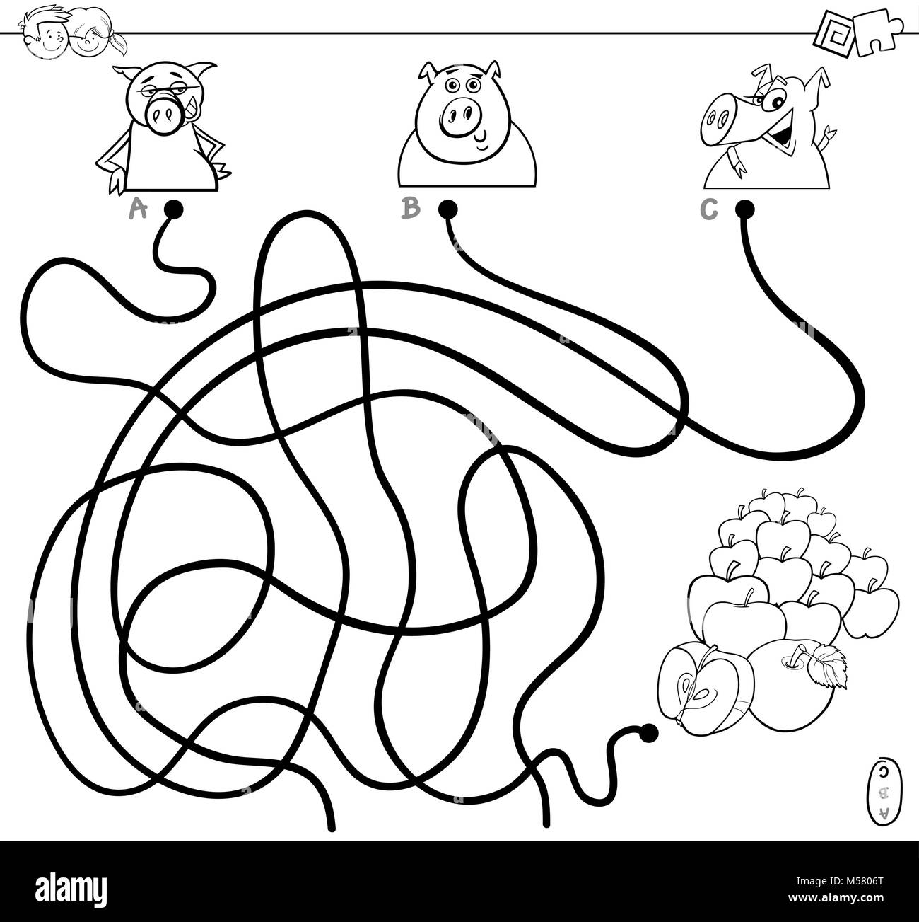 Black and White Cartoon Illustration of Paths or Maze Puzzle Activity Game with Funny Pigs Farm Animal Characters and Apples Coloring Book Stock Vector