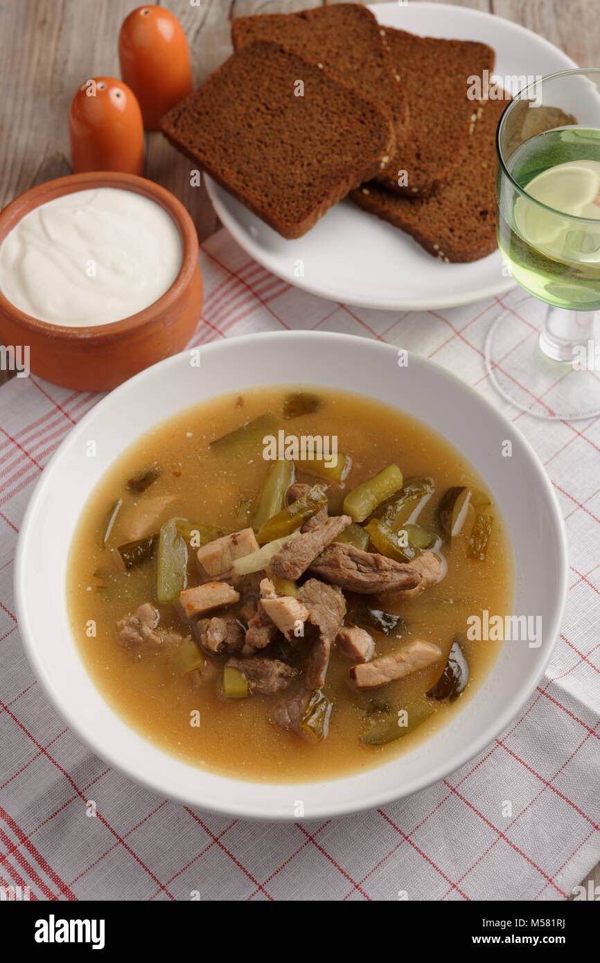 Rassolnik the traditional Russian soup prepared by retro recipe Stock Photo