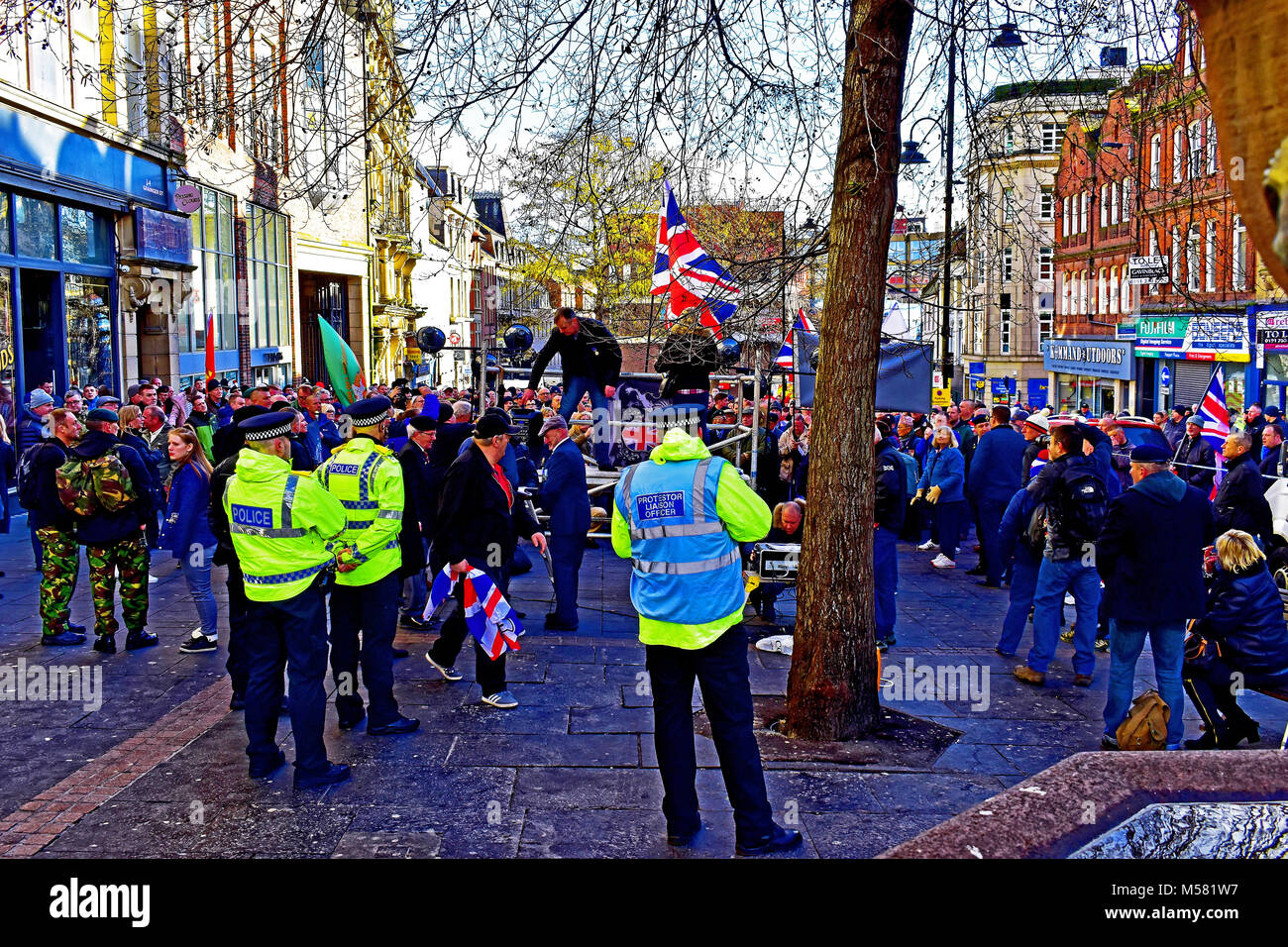 Newcastle Veterans Against Terrorism demonstration at Bigg Market with strong Police presence Stock Photo