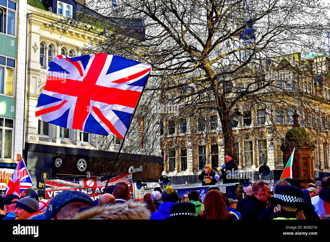 Newcastle Veterans Against Terrorism demonstration at Bigg Market with strong Police presence Stock Photo