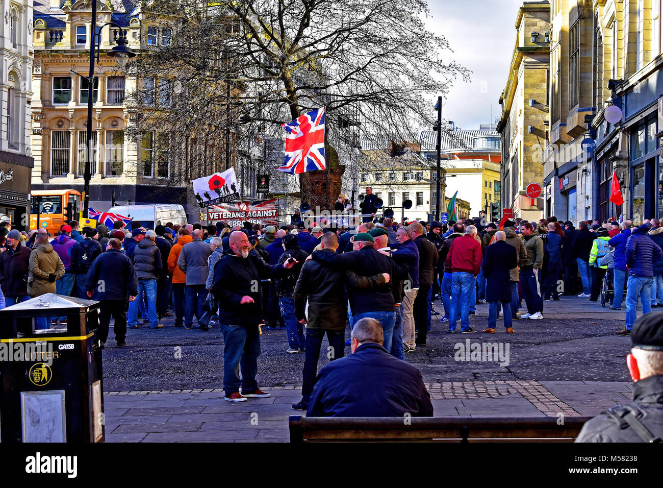 Newcastle Veterans Against Terrorism demonstration at Bigg Market with strong Police presence Stock Photo