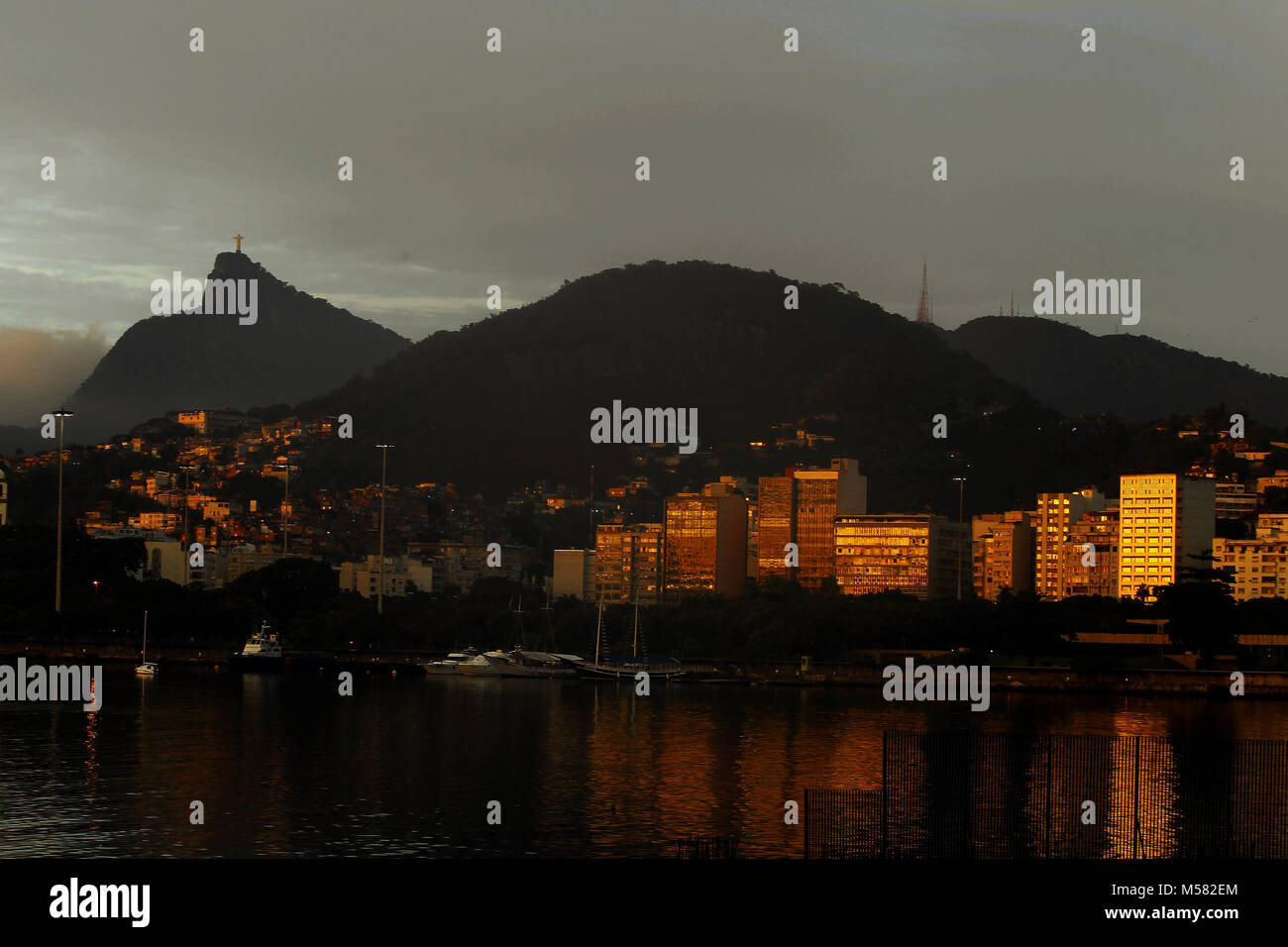 Marina da Gloria with Flamengo buildings in the background. Christ the Redeemer an be seen in the distance on the left, Rio de Janeiro, Brazil Stock Photo