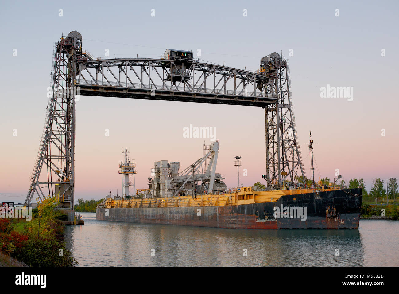 A cement carrier passing through the Welland Canal, Ontario, Canada Stock Photo