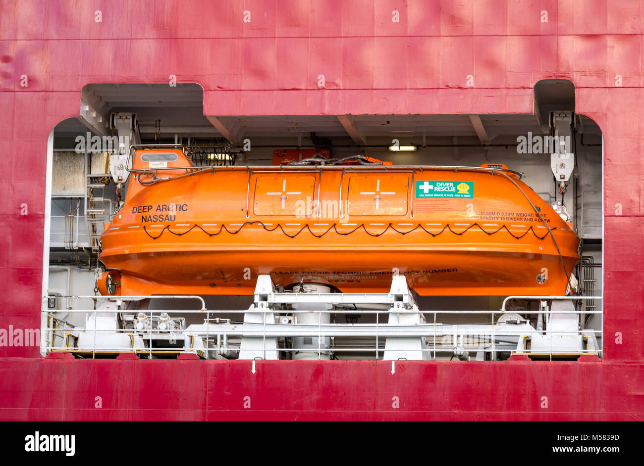 Nassau registration on lifeboat, Technip ship, Deep Arctic, diving and