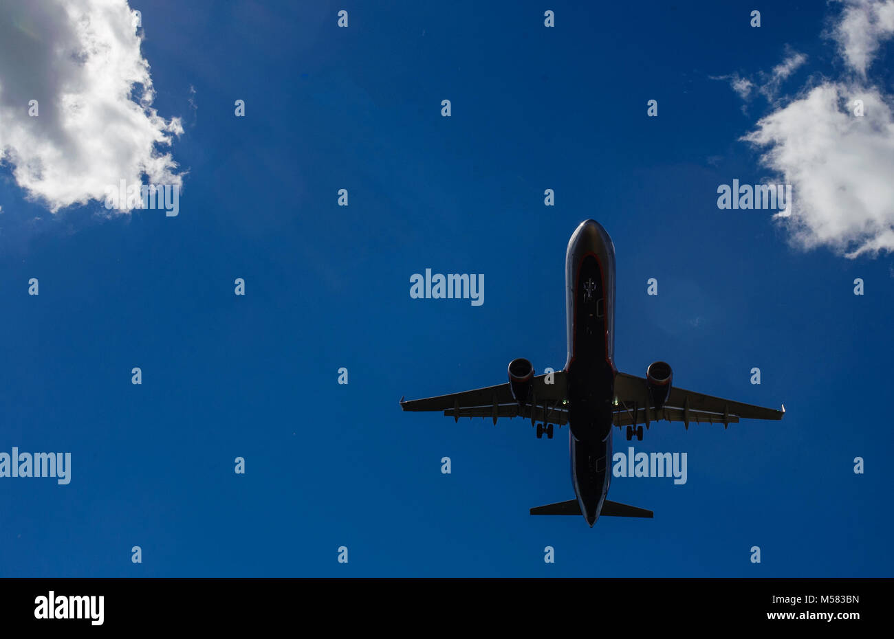 The plane on a background of blue sky and white clouds Stock Photo - Alamy