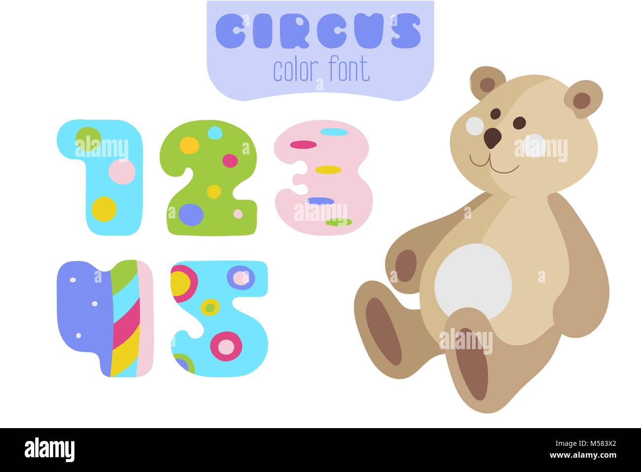 Funny cartoon style colorful vector numbers 1, 2, 3, 4, 5 set with teddy bear Stock Vector