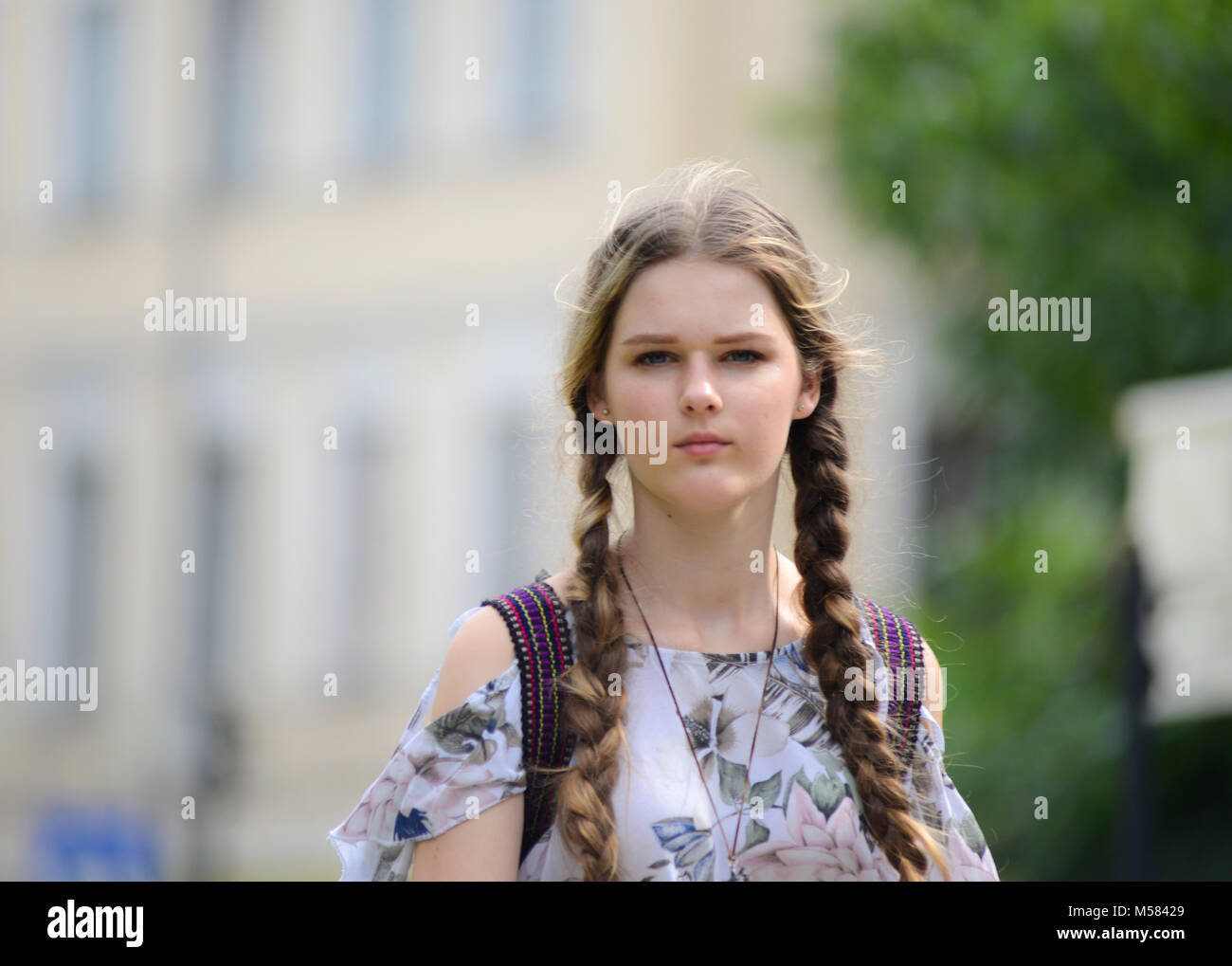 Lithuanian girl with braids, Vilnius Stock Photo