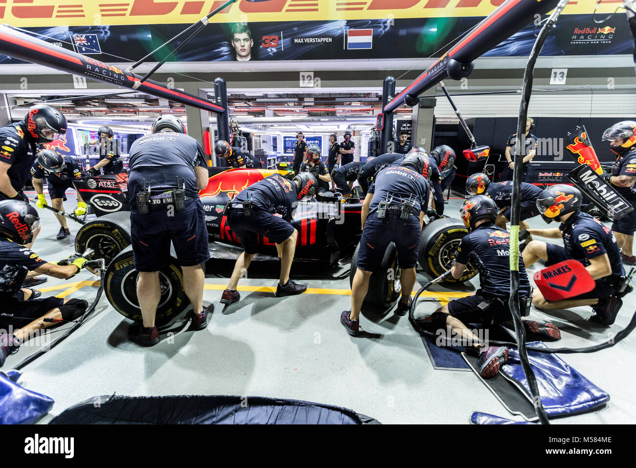 Formula One F1 Red Bull pit crew working on the garage during pit stop Stock Photo