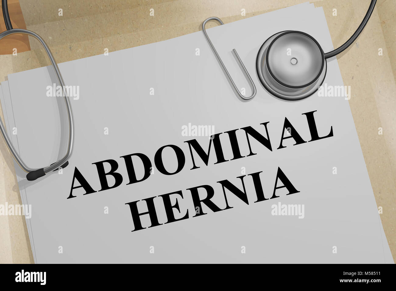 3D illustration of ABDOMINAL HERNIA title on a medical document Stock Photo