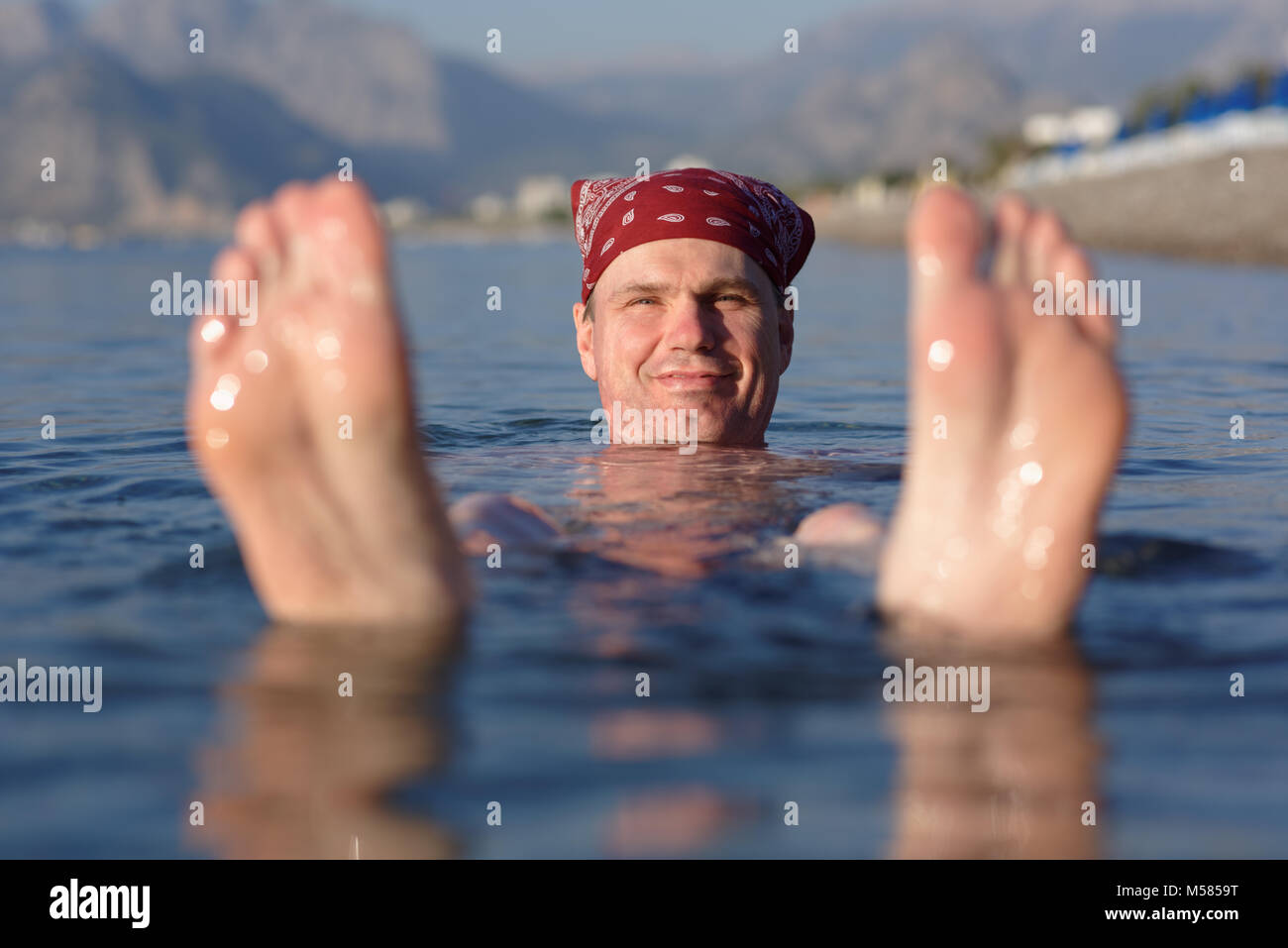 Happy man enjoy sea in Antalya, Turkey Stock Photo