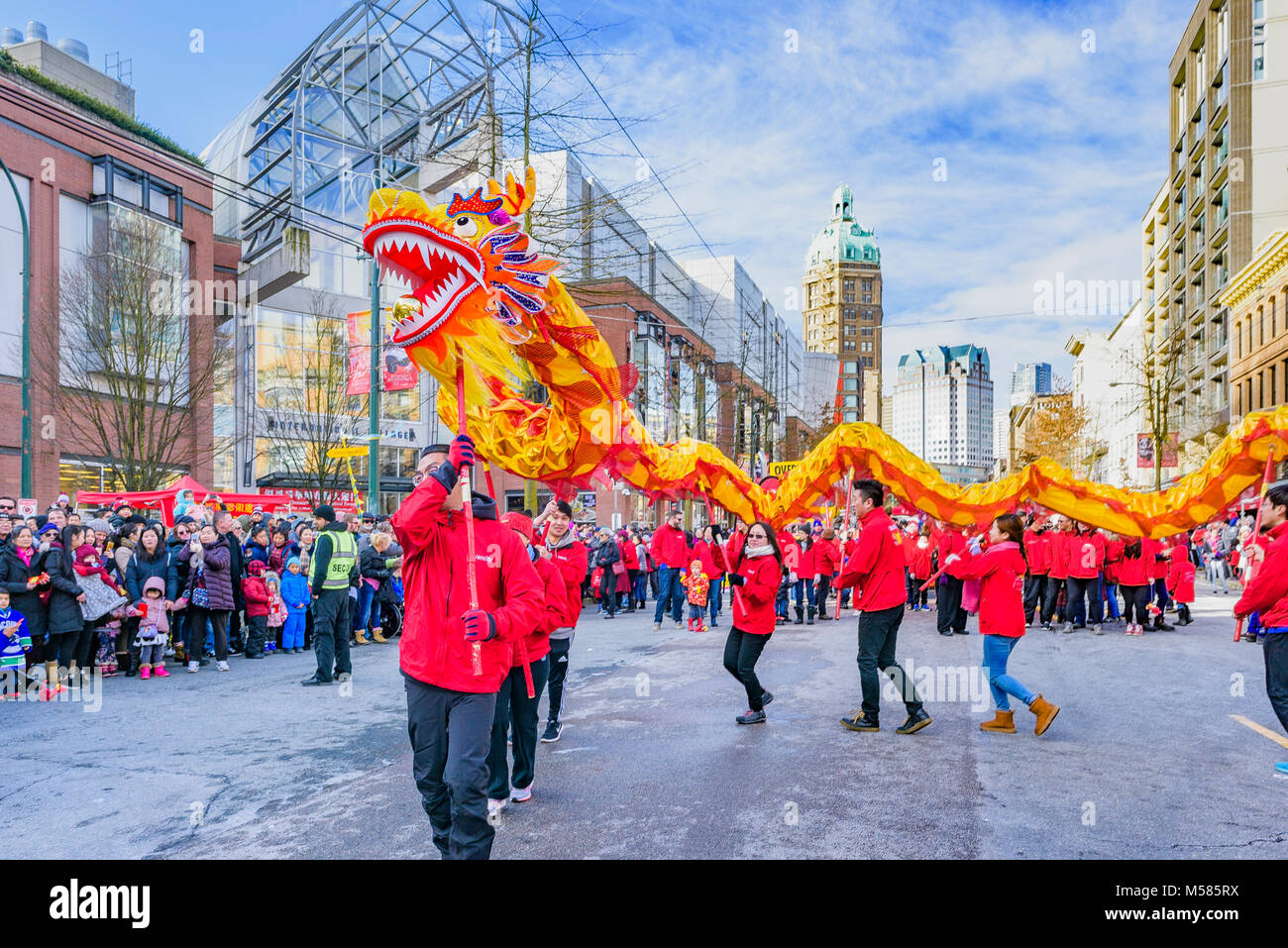 VanCity Credit Union Dragon Dance team, Chinese Lunar New Year Parade, Chinatown, Vancouver, British Columbia, Canada. Stock Photo