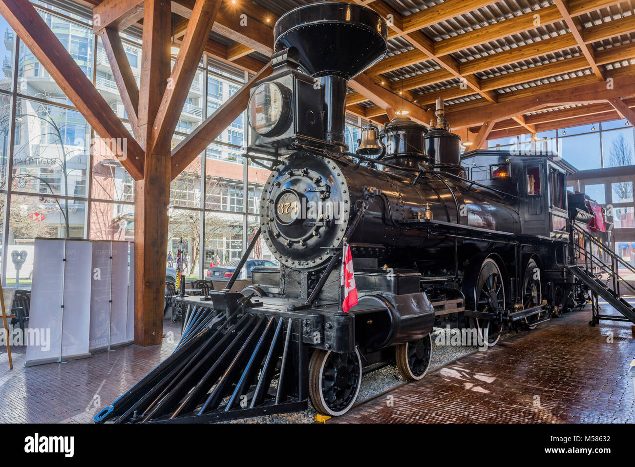 C.P.R Locomotive 374 on display in the Roundhouse, Yaletown, Vancouver, British Columbia, Canada. Stock Photo
