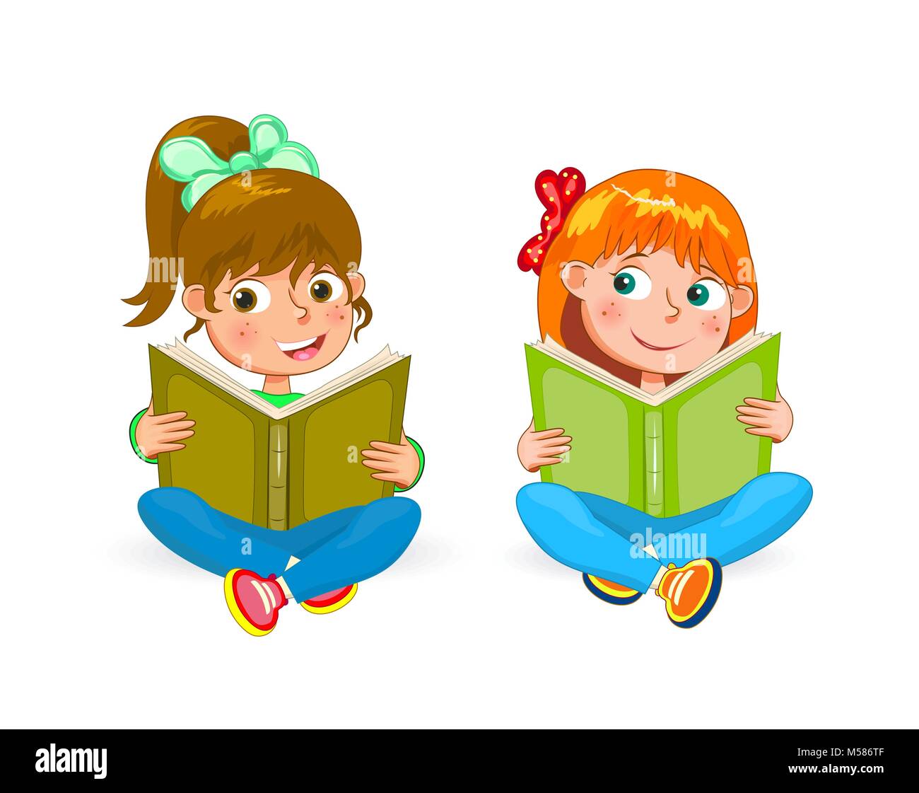 Two little happy girls read books. Girls with books in hands on a white background Stock Vector