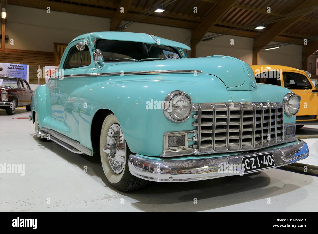 LOIMAA, FINLAND - JUNE 15, 2014: Mint green Dodge Business Coupe 1946 vintage car presented at HeMa Show 2014 in Loimaa, Finland. Stock Photo